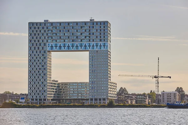 Edificio Insolito Amsterdam Sulla Riva Tramonto — Foto Stock