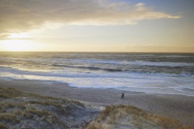 Danimarka 'da gün batımında sahilde yürüyen bir çift..