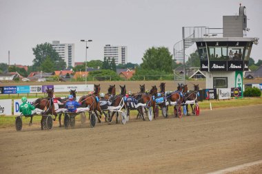 Odense, Danimarka, 31 Mayıs 2024: Hipodromda at arabalarıyla yarış