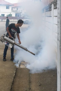 Bangkok, Tayland - 3 Temmuz 2016: Sivrisinekler için DDT spreyi kullanan tanımlanamayan kişiler, Malaria, Ensefalit, Dang ve Zika virüslerini kontrol ederek öldürüyorlar..