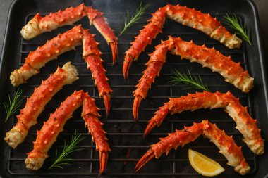 Yapay zeka, kömürün üzerinde ızgara yapılmış, dumanlı aroma ve sulu etle mükemmel pişirilmiş Alaska kral yengecinin birinci sınıf görüntüsünü oluşturdu. Tuz ve karabiber ile tatlandırılmış, biberiye filizi ile süslenmiş.