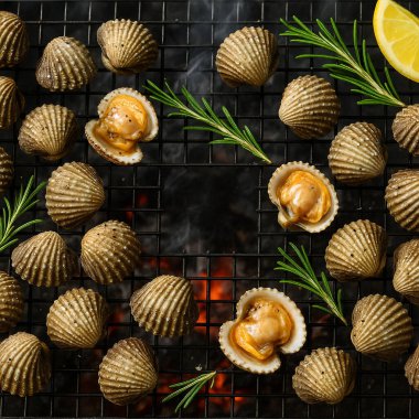 Yapay zeka kömürün üzerinde ızgara yapılmış taze kan midyelerinin üst görüntüsünü oluşturdu. Bazı kabuklar, içindeki sulu eti ortaya çıkardı. Dumanlı aromayla mükemmel pişirilmiş, tuzlu ve karabiberli, süslenmiş.