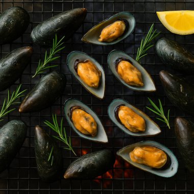 Yapay zeka kömürün üzerinde ızgara yapılmış taze midyelerin üst görüntüsünü oluşturdu, bazı kabuklar içerideki dolgun eti ortaya çıkardı. Dumanlı aromayla mükemmel pişirilmiş, tuzlu ve karabiberli, süslenmiş.
