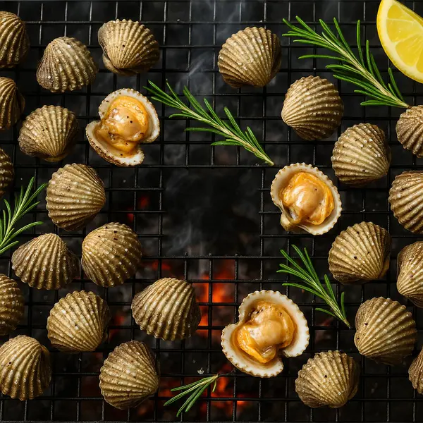 Yapay zeka kömürün üzerinde ızgara yapılmış taze kan midyelerinin üst görüntüsünü oluşturdu. Bazı kabuklar, içindeki sulu eti ortaya çıkardı. Dumanlı aromayla mükemmel pişirilmiş, tuzlu ve karabiberli, süslenmiş.