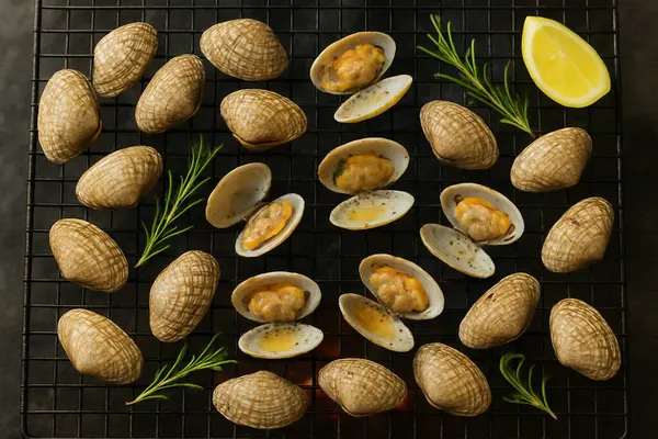 Yapay zeka kömürün üzerinde ızgara yapılmış taze çizgili istiridyelerin üst görüntüsünü oluşturdu, bazı kabuklar içerideki eti ortaya çıkardı. Dumanlı aromayla mükemmel pişirilmiş, tuzlu ve karabiberli, süslenmiş.