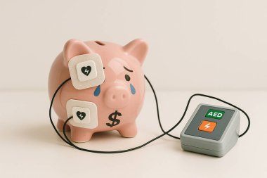 AI, küresel mali krizi ve ekonomik canlandırmayı sembolize eden acil AED tedavisini alan dolar işareti ile sıkıntılı domuz kumbarası üretti.