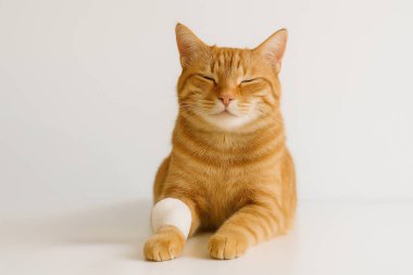 Yapay zeka, ön bacağı bandajlı mutlu kızıl bir tekir kedi yarattı. Sevgi dolu kedi bakımını ve yaralanma iyileştirme konseptini sembolize ediyor. Beyaz arka plan veteriner tedavisi ve evcil hayvan ilk yardım.