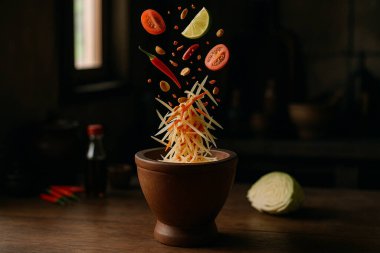 Yapay zeka taze Thai som tum papaya salatası malzemesi üretti ahşap havan ve baharatlı tatlı tatlar otantik sokak yemekleri sağlıklı çıtır çıtır.