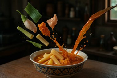 AI, Thai kaeng som ve Mai pla riu kiu gibi taze malzemelerin mayalanmış balıklı bambu baharatlı bitkisel çorbaya dökülmesini sağladı.