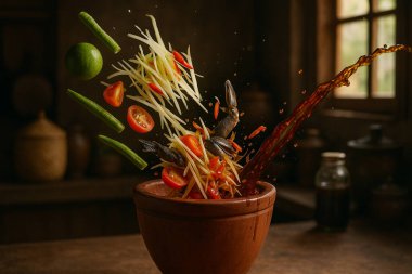 Yapay zeka, otantik Thai som tum pla ra baharatlı papaya salatası mayalanmış balık sosu malzemeleriyle ahşap havan topuna kalın umami aromalı ikonik sokak yemekleri üretti.