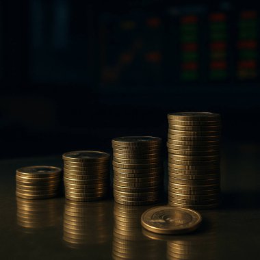 Yapay zeka, yansıtıcı cam yüzeyinde bir yığın avro sikkesi oluşturdu ve modern Avrupa ticaret zemin zemininde borsa tahtaları ve mali monitörleri gösteriyordu