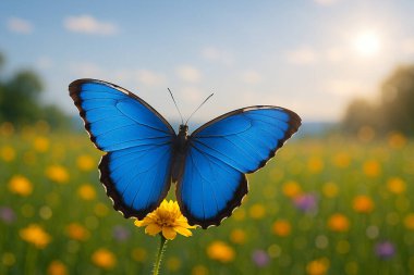 Yapay zeka, tamamen genişlemiş yanardöner kanatları ile mavi gökyüzü ile yumuşak sabah ışığı altında renkli bir kır çiçeği çayırında tünemiş Mavi Morpho kelebeği üretti.