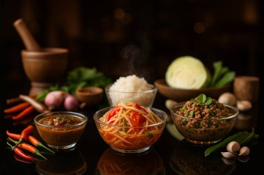 Yapay zeka mayalanmış balık biber ezmesi somtum larb ve siyah yansıtıcı masada sıcak servis edilen yapışkan pirinç ile Tayland yerel mutfağını oluşturdu.