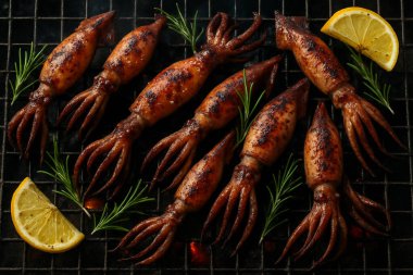 Yapay zeka, doğal ışık ve dumanlı gölgeler altında biberiye ve limonla süslenmiş taze derili kömür ateşinde ızgara yapan tüm Beka mürekkep balığının üst görüntüsünü oluşturdu.