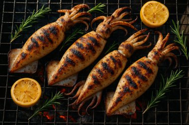 Yapay zeka, doğal ışık ve zengin dumanlı doku kullanarak kömür ve biberiye ile ızgara tüm kalamar üst görünüm oluşturdu