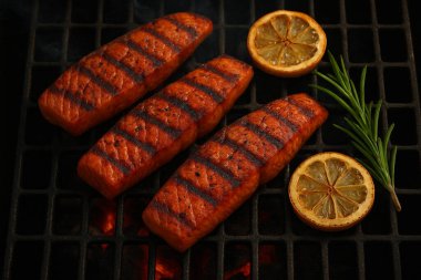 Yapay zeka kömürde ızgara somon bifteği ve limon ve biberiyenin doğal ışıkta dumanlı dokusunu ve iştah açıcı altın yüzeyini gösterdi.