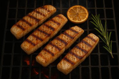 Yapay zeka, limonlu ve biberiyeli mangal kömürü üzerine ızgara beyaz balık bifteği ve çıtır çıtır yüzeyi ve dumanlı dokusunu gösteren doğal ışık üretti.