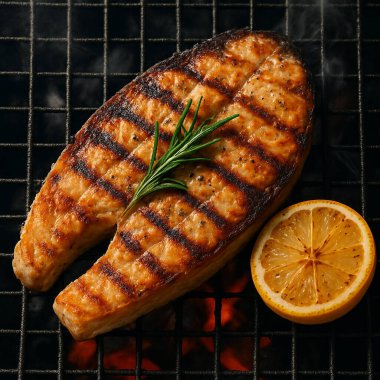 Yapay zeka sıcak kömür ızgarasında ızgara deniz bifteği ve biberiyeli limon soslu dumanlı doku ve doğal ışıklandırmayla cızırdayan lezzeti ön plana çıkardı.