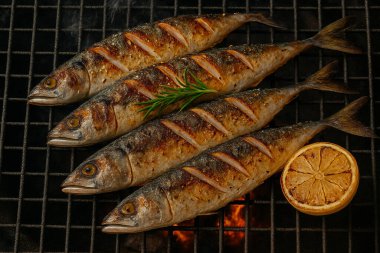 Yapay zeka, ızgara uskumruyu çıtır çıtır derili dumanlı desenli, kömür ateşinin üzerinde biberiye ve limon işaretleri oluşturarak doğal ışık ve zengin sıcaklığı çağrıştırdı.