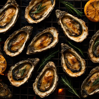 Yapay zeka mangal kömürü üzerine ızgara istiridye ve biberiye ve limon içeren dumanlı dokular, sulu görünüş doğal aydınlatma ve iştah açıcı kırsal atmosfer oluşturdu.