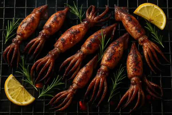 Yapay zeka, doğal ışık ve dumanlı gölgeler altında biberiye ve limonla süslenmiş taze derili kömür ateşinde ızgara yapan tüm Beka mürekkep balığının üst görüntüsünü oluşturdu.