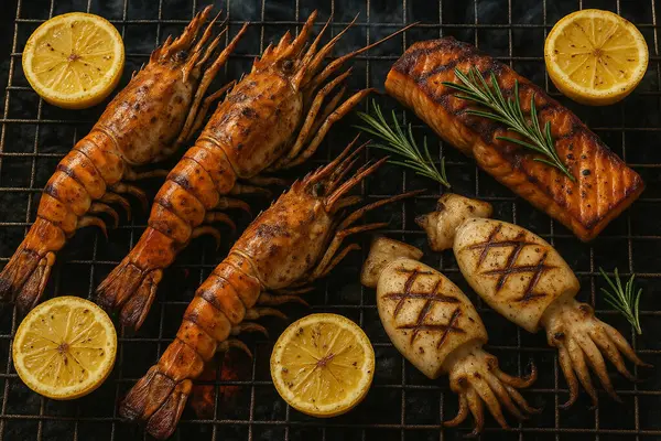 Yapay zeka, ızgara ıstakoz ve somonu kömür ızgarasında, dumanlı, altın kabuklu, sulu limon biberiyesi ve kırsal havayı iyileştiren doğal ışık ile üst düzeyde üretti.