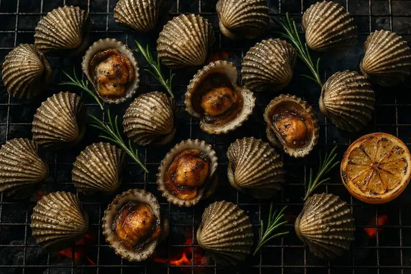 Yapay zeka kömür üzerine ızgara midye ve biberiye ve limon üzerine doğal ışık ve duman kullanarak doku ve lezzeti vurgulamak için üst görünüm oluşturdu.