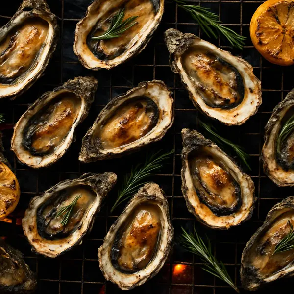 Yapay zeka mangal kömürü üzerine ızgara istiridye ve biberiye ve limon içeren dumanlı dokular, sulu görünüş doğal aydınlatma ve iştah açıcı kırsal atmosfer oluşturdu.