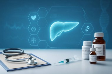 Şırıngalar, steteskoplar ve ilaçlar gibi tıbbi araçlarla, parıldayan tıbbi veriler ve DNA yapılarıyla çevrili modern pankreas sağlık analizlerini gösteren dijital bileşik yapay zeka üretti.