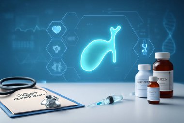 Yapay zeka safra kesesi analizine odaklı tıbbi teşhis sahnesi oluşturdu. Sergide modern sağlık hizmetleri ve ileri düzey araştırmaları tasvir eden tıbbi ikonlar, sağlık teknisyenleri ve klinik araçlar yer alıyor..
