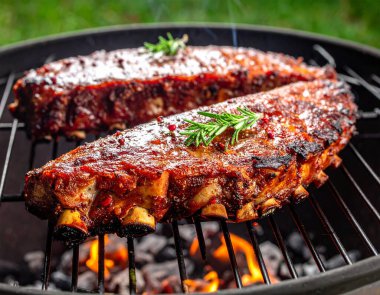 Yapay zeka, kömürün üzerinde ızgara yapılmış, hafif dumanla mükemmel pişirilmiş lezzetli yaban domuzu bifteği parçalarının üst görüntüsünü oluşturdu. Tuz ve karabiberle tatlandırılmış, taze biberiye filizleriyle süslenmiş..