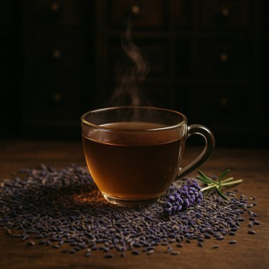 Yapay zeka, ahşap masada, kurutulmuş lavanta yaprakları, kaliteli eczane arka planında hafif ışıklandırma ve sakin atmosferli cam fincanda lavanta çayı oluşturdu.