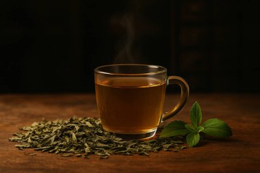 Yapay zeka, buharda kurutulmuş stevia yaprakları ve ahşap masa üzerinde taze filiz içeren sıcak stevia bitkisel çayı üretti. Antika eczane tarzı sıcak, karamsar aydınlatma ve rahat bir his.