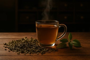 Yapay zeka, kuru buharlı cam bardakta sıcak fesleğen çayı ve ahşap masa üzerinde taze fesleğen yaprağı üretti.