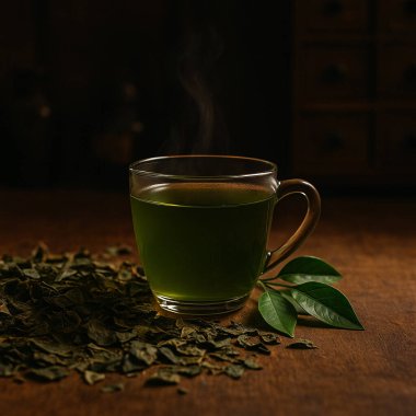 Yapay zeka, Yanang yaprağı çayı üretti. Kurumuş ve taze otlarla ahşap masa üzerinde. Eski Çin ilaç dükkanında sıcak ışık kaynayan cam bardakta.