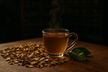 Yapay zeka, ahşap masada kurutulmuş otlarla birlikte kaffir ıhlamur yaprağı çayı ve klasik eczane vitrininde buharı tüten cam bardak üretti.