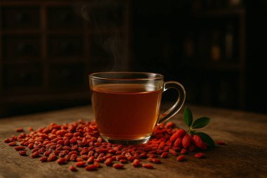 Yapay zeka, ahşap masa üzerinde kurutulmuş otlarla bej üzümü çayı ve klasik Çin eczanesinde buharı tüten cam bardak üretti. Ilık, sakin ruh halini geleneksel doğal karaciğer sağlığı kavramını ortaya koydu.