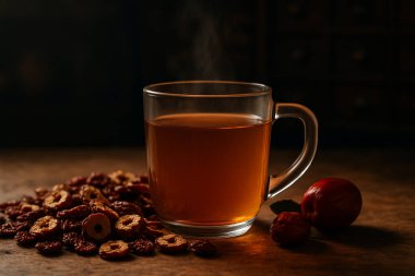 Yapay zeka, ahşap masada kurutulmuş meyve ve klasik eczanede buharı tüten cam bardakla birlikte jujube çayı üretti.