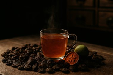 Yapay zeka, kurutulmuş yaban mersinleri ve Çin ilaç dükkanının arka planında ılık, hafif bir havayla çevrili dumanı tüten cam bardakla bitki çayı sahnesi oluşturdu.