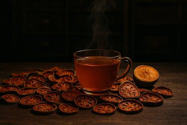 Yapay zeka, şeffaf bardakta sıcak bael çayı ve sıcak ışık ve sakin atmosferli klasik eczane ortamında kırsal masada kurutulmuş dilimlerle çevrili bitkisel çay sahnesi oluşturdu.