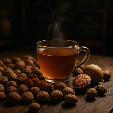 Yapay zeka, ahşap masada cam fincanda sıcak hindistan cevizi ile sıcak hindistan cevizi karışımı üretti. Çin ilaç dükkanında kurutulmuş ve taze hindistan cevizi ve sıcacık ışıklandırmayla çevrili.