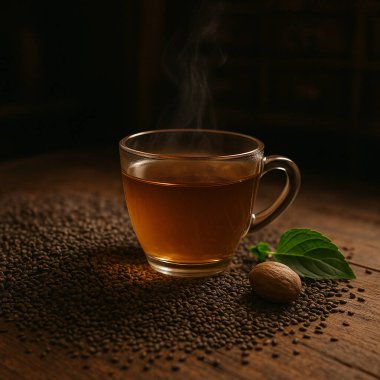 Kurumuş tohumlar ve ılık ışık ve sakin atmosferli antika eczacılık arkaplanlarıyla çevrili temiz bir cam fincanda fesleğen tohumu karışımı ile yapay zeka bitkisel çay üretti.