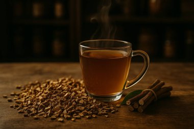 Yapay zeka, kurutulmuş meyan kökünden yapılmış sıcak bitki çayı üretti. Köy ahşap masa üzerinde, Çin eczacılıkla ısıtılıyor.