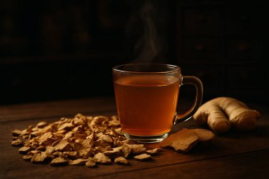 Yapay zeka, kurutulmuş kökten yapılmış sıcak zencefilli bitki çayı, eski ahşap eczane arka planı ve rahat bir ışık üretti.