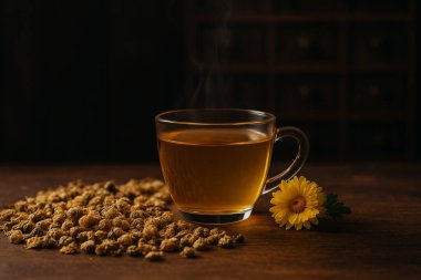 Yapay zeka, Çin eczanesinin kurumuş ve taze çiçeklerle ısınma sahnesinde kasımpatı çiçekleriyle bitki çayı üretti.