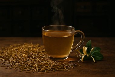 Yapay zeka, hanımeli çiçeklerinden üretilen bitkisel çayı loş aydınlatılmış bir Çin eczacısının doğal antienflamatuar konseptinde sıcak buharla üretti.