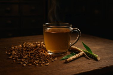 Yapay zeka, kurumuş ve taze kalamustik ahşap masa üzerindeki sıcak bitkisel çayın görüntüsünü oluşturdu. Kaliteli eczacılık arka planında ılık düşük ışık ve yatıştırıcı geleneksel ortamlarda.