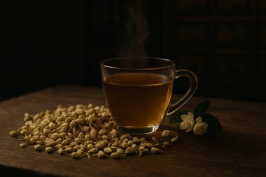 Yapay zeka, yasemin çiçeklerinden üretilen bitki çayını sıcak bir eczane ortamında üretti. Rahatlamayı, doğal iyileşmeyi ve sakinleştirici atmosferi ön plana çıkardı.