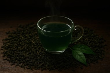 Yapay zeka, cam fincanda buharı tüten Yanang bitki çayını, kuru ve taze yaprakları düşük ışık seviyesinde, ahşap masanın üzerinde oluşturdu.