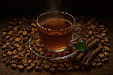 Yapay zeka, kurutulmuş meyan kökü kökü ile yapılan buharı tüten bitkisel çayın fotoğrafını ahşap masada sundu. Klasik ışıklandırma ve taze kök garnitürle.